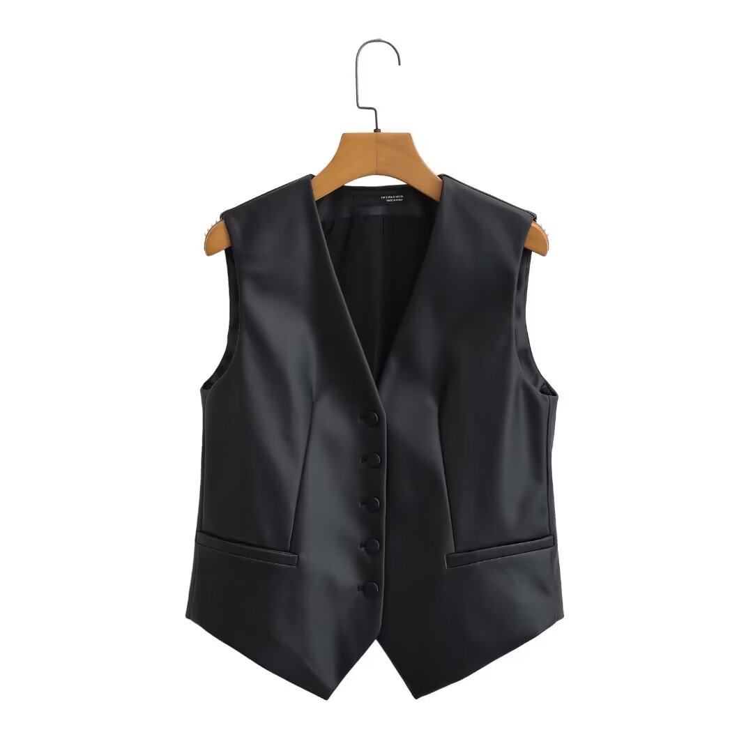 Autumn Faux Leather Fine Cut Vest Women Leather Jacket Vest Coat | Everywhere