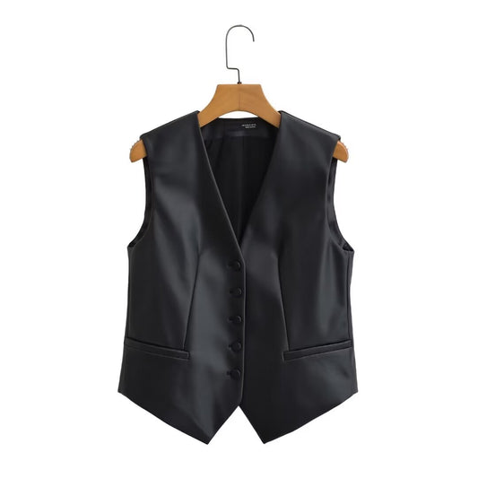 Autumn Faux Leather Fine Cut Vest Women Leather Jacket Vest Coat | Everywhere