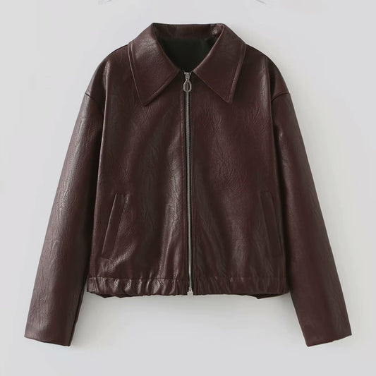 Early Spring Women Red Solid Color Square Collar Leather Jacket | Everywhere