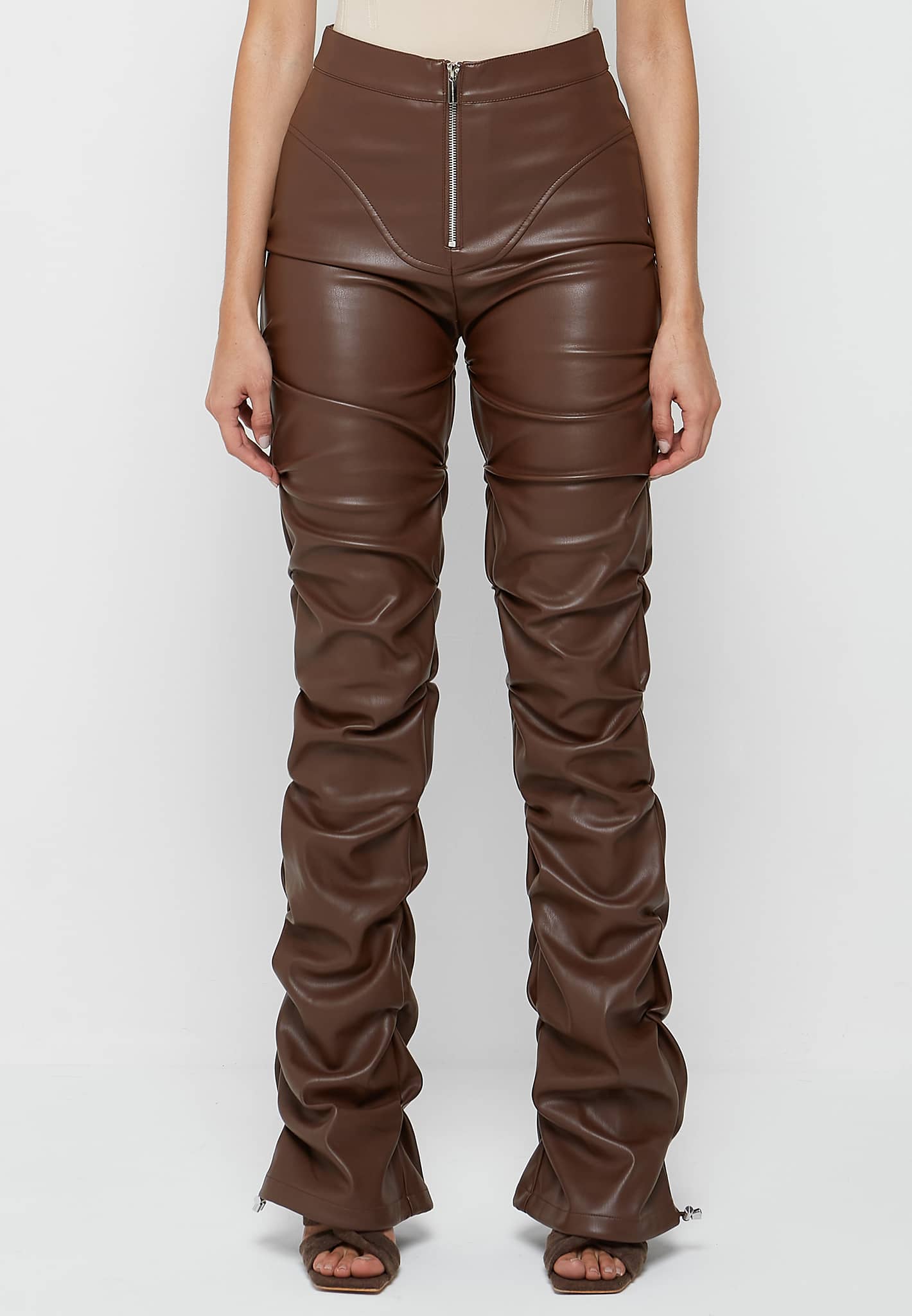 Tacked Vegan Leather Flared Trousers - Chocolate Brown | Mass Market | 50% CM23 WOMENS, 50% UPTO CM23 WOMENS, _alt_tacked-vegan-leather-flared-trousers, bis-hidden, BOTTOMS BF23 WOMENS, NEW RELEASE JUNE 23RD 2021, NOT RESTOCKED NOV 23, NP01092021, old_design_product, WMNVA23FINAL | Woman Trousers